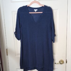 J. Jill Deep Blue Tunic Top With Slight U Neckline With Button Shirt Sleeves